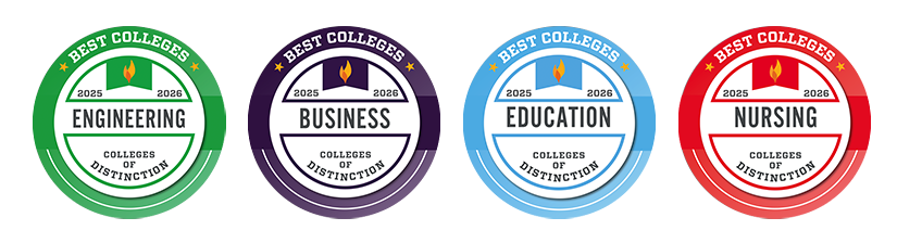 Four circular badges, each highlighting a specific academic discipline recognized by Colleges of Distinction for the year 2025-2026