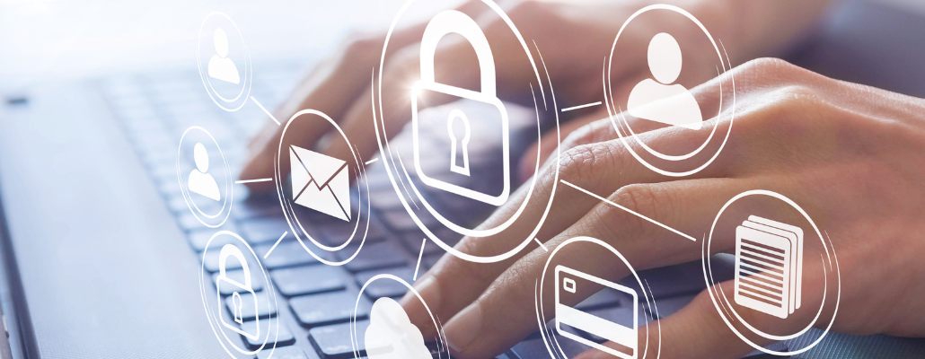 Cybersecurity administration and digital data protection on a laptop.